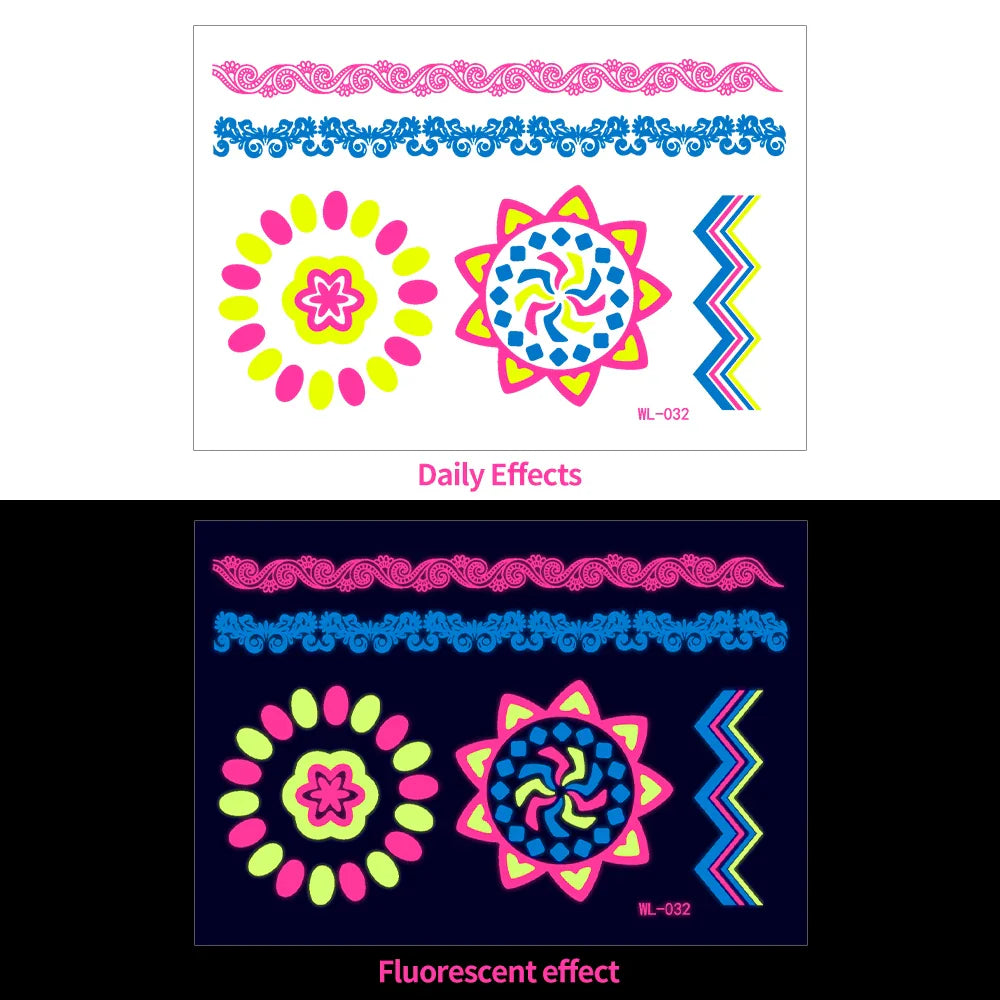 1pc Bohemia Fluorescent Sticker Luminous Temporary Tattoos Stickers UV Glow Fluorescent Tattoo Waterproof For Body Art Decals *& (Online Order Only)
