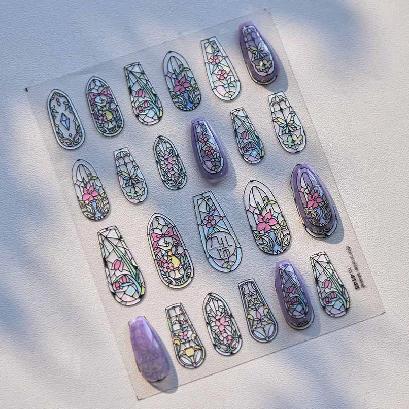 Retro Shiny Glazed Rococo Flower Window Dreamy Butterfly Geometric Frame Stamp Embossed Reliefs Nail Art Stickers Manicure Decal (Online Order Only)