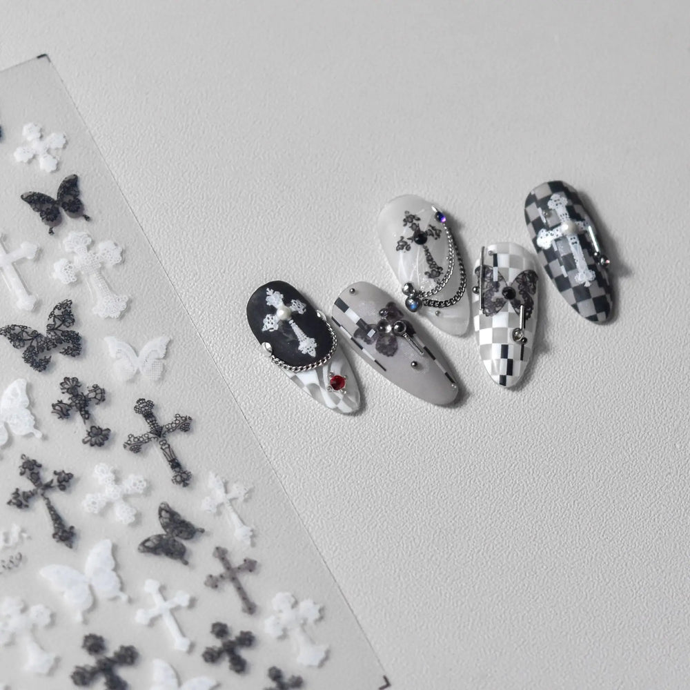 Black White Pearl Lace Butterfly Cross Retro Figure Flower Symmetric Self Adhesive Nail Art Stickers  Manicure Decals Wholesale (ONLINE ORDER ONLY)