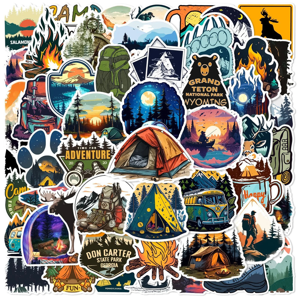 10/50pcs NEW Outdoor Hiking Camping Stickers Vinyl Waterproof Decals DIY Skateboard Laptop Bike Phone Car Travel Luggage Sticker (Online Order Only)