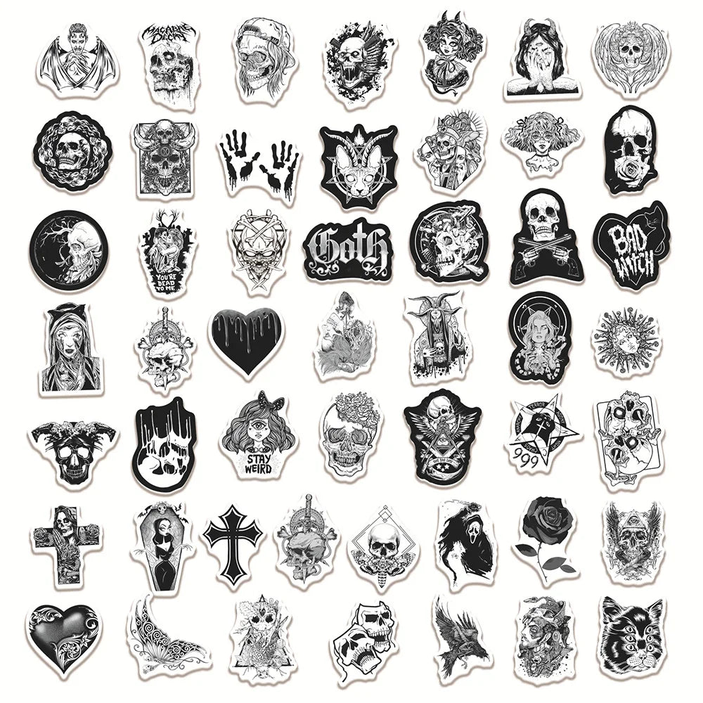 10/30/50/100pcs Black White Gothic Horror Skeleton Graffiti Stickers Skateboard Phone Fridge Luggage Car Cool Waterproof Sticker (ONLINE ORDER ONLY)