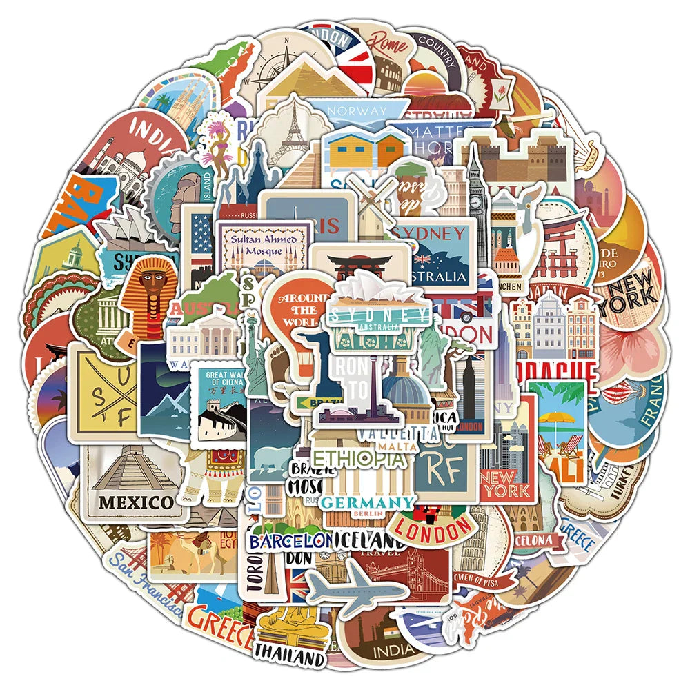 Vintage Travel Landscape Stickers - Waterproof for Laptop, Phone, Car, Luggage, Motorcycle (10/30/50/100pcs) (Online Order Only)