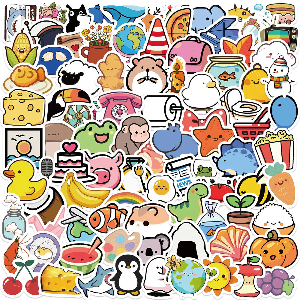 100pcs Cute Mini Animals Foods Cartoon Graffiti Stickers Phone Guitar Laptop Notebook Suitcase Cup Waterproof Sticker Kids Toy (ONLINE ORDER ONLY)