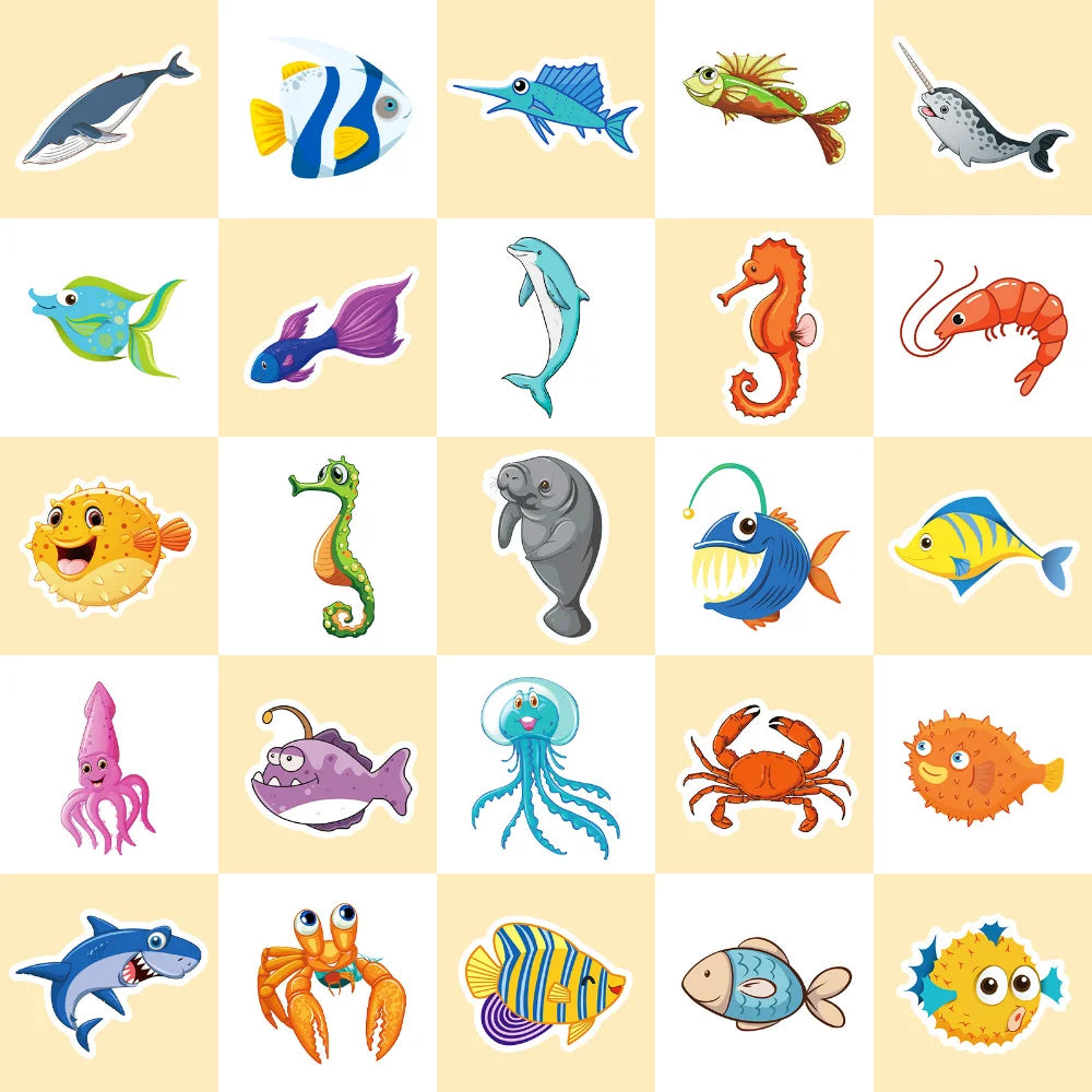 10/50Pcs Cartoon Marine Life Fish And Shrimp Sticker For Kids Toys Luggage Laptop Ipad Skateboard Stickers Wholesale (ONLINE ORDER ONLY)