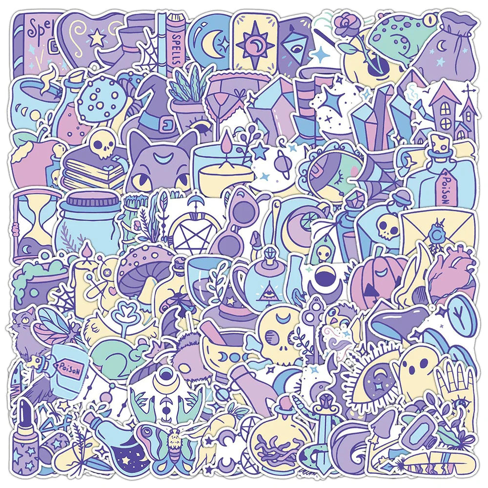 10/30/50/100pcs Cool Purple Cute Gothic Magic Witch Cartoon Stickers Skateboard Laptop Phone Car DIY Waterproof Sticker Decal (ONLINE ORDER ONLY)