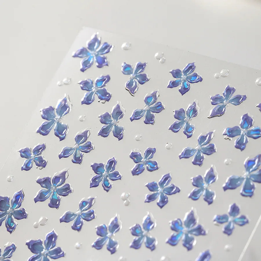 Charming Dreamy Shiny Jelly Blue Gradient Lily Flowers Rose Petal White Dot Chinese Colorful Nail Art Stickers Manicure Decals (ONLINE ORDER ONLY)
