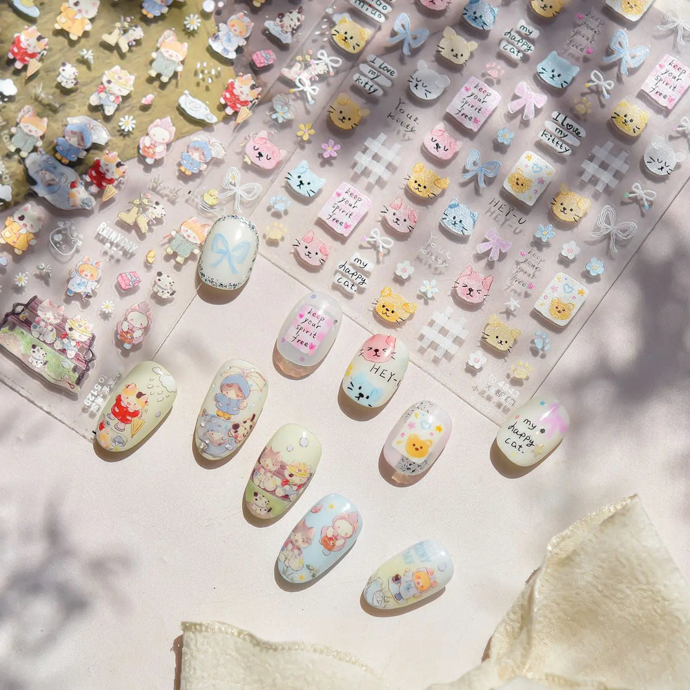 Cute Little Cat Colourful Flower Bowknot Umbrella Rain Boot Paintings Paper Boat Daisy Duckling Nail Art Sticker Manicure Decals (ONLINE ORDER ONLY)