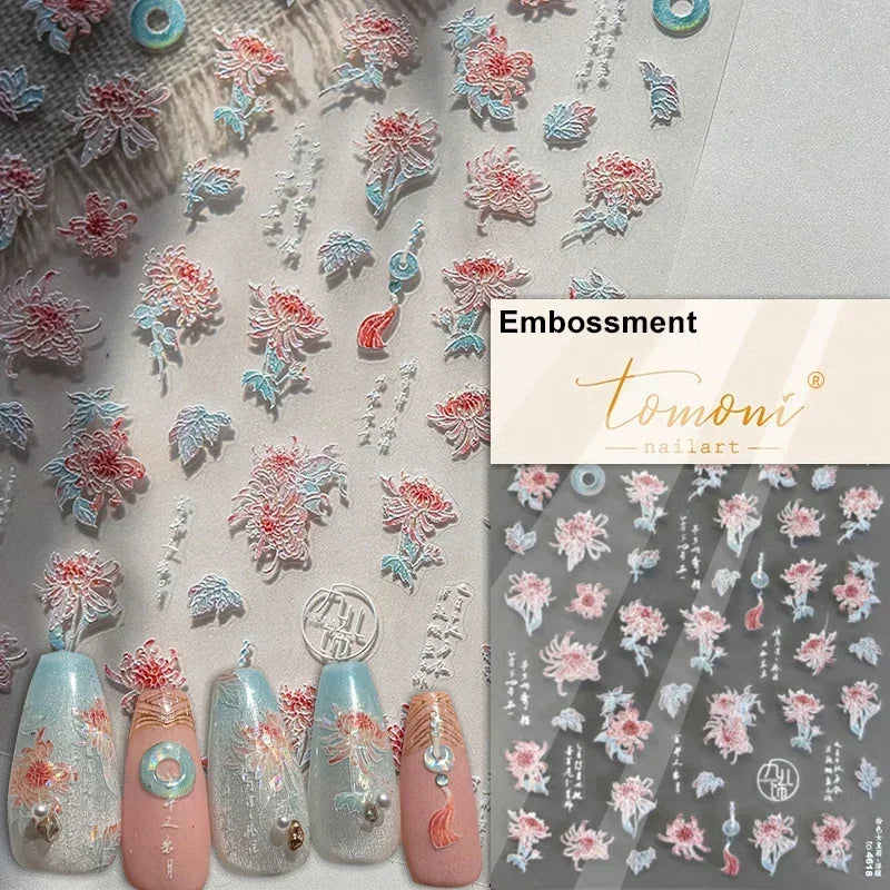 Gradient Coloredful Flower Petal Green Leaf Dreamy Shiny Chinese Rose Fantasy Relief Adhesive Nail Art Stickers Manicure Decals (Online Order Only)