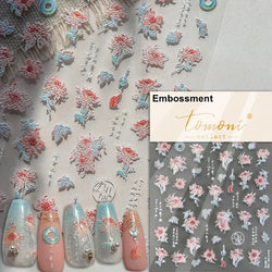 Gradient Coloredful Flower Petal Green Leaf Dreamy Shiny Chinese Rose Fantasy Relief Adhesive Nail Art Stickers Manicure Decals (Online Order Only)