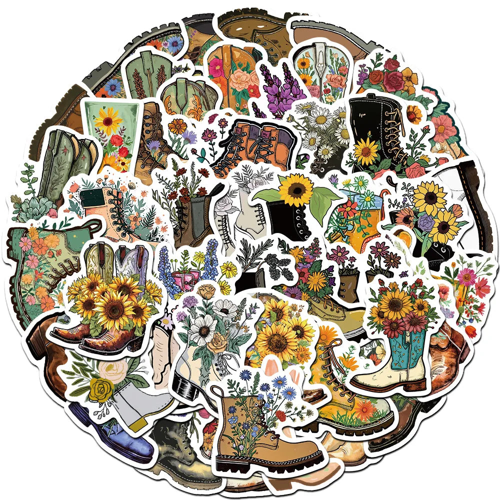 Cartoon Flower Boots Stickers for Suitcase, Skateboard, Laptop, Luggage, Phone - 10/30/50Pcs DIY Decals (ONLINE ORDER ONLY)