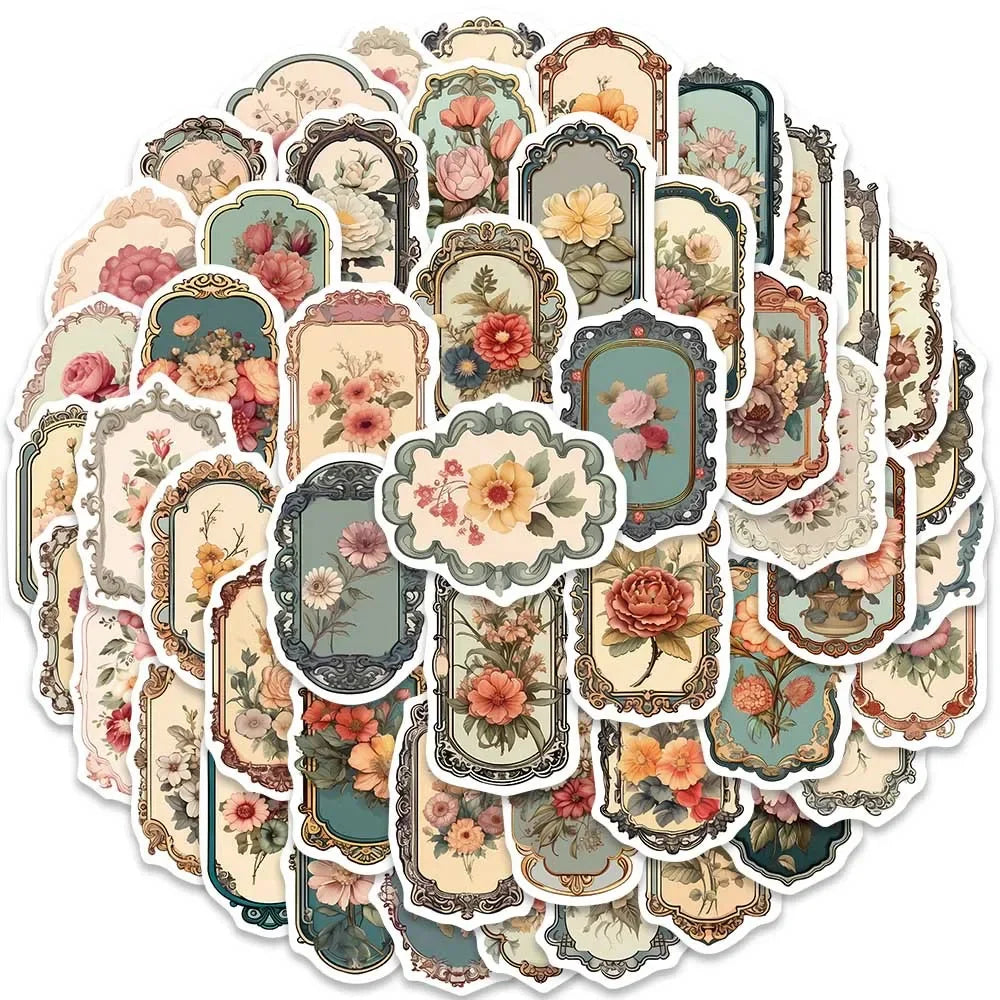 10/50PCS Vintage Flower Mirror Graffiti Material Sticker Art Decals Aesthetic Laptop Phone Suitcase Scrapbook Album Cute Sticker (Online Order Only)
