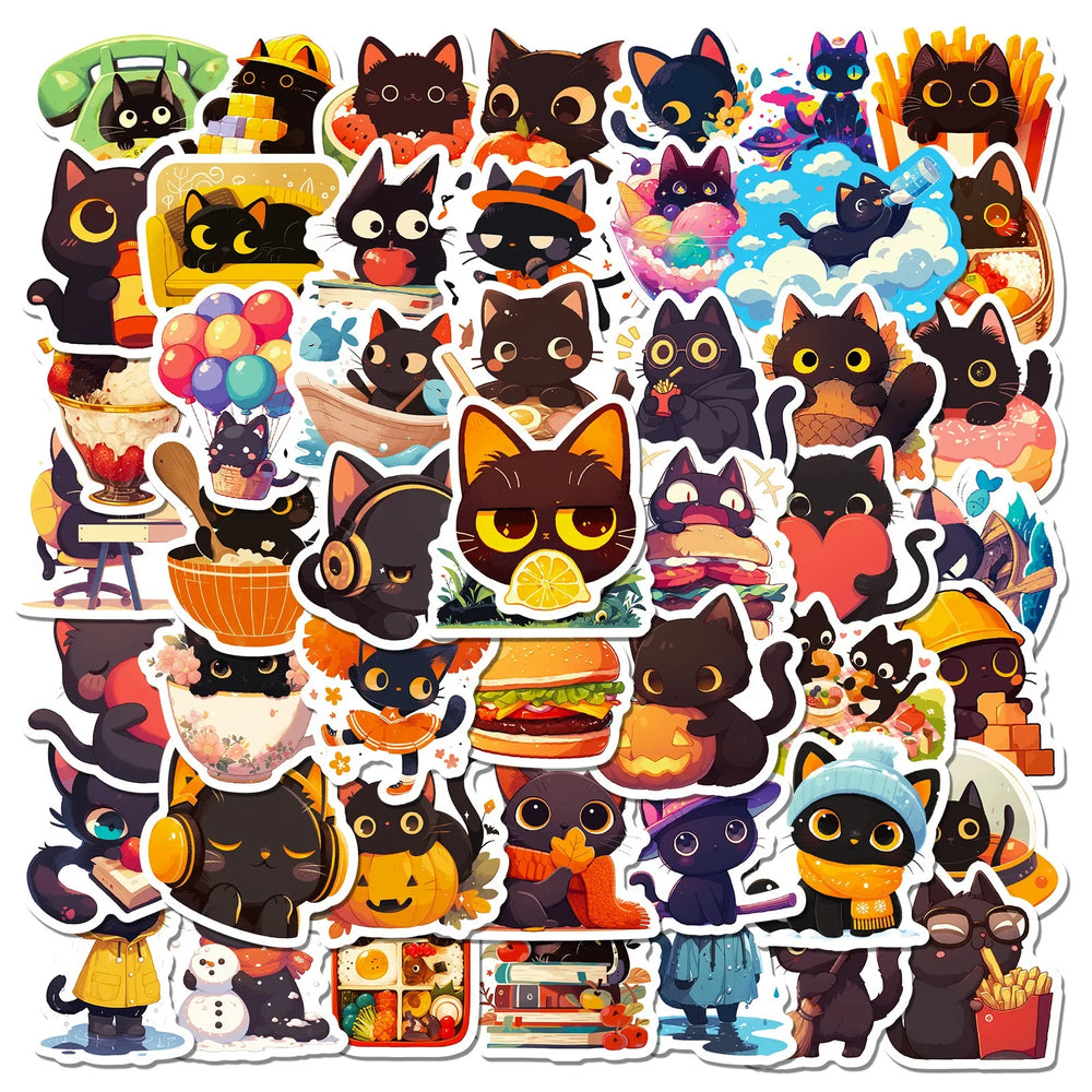 50Pcs Black Cat Graffiti Stickers for Helmet, Wall, DIY Decoration (Online Order Only)