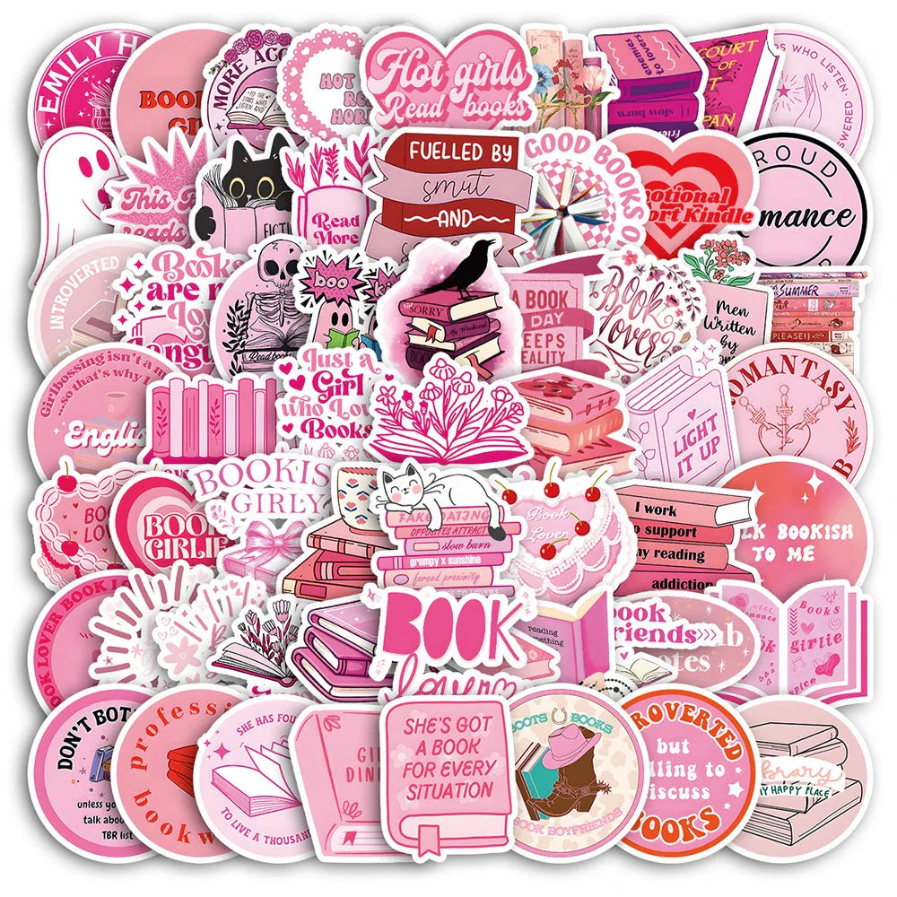 Cute Pink Bookish Stickers Kawaii Cartoon Decals for Laptop, Notebook, Phone, Suitcase - 10/30/60pcs (Online Order Only)