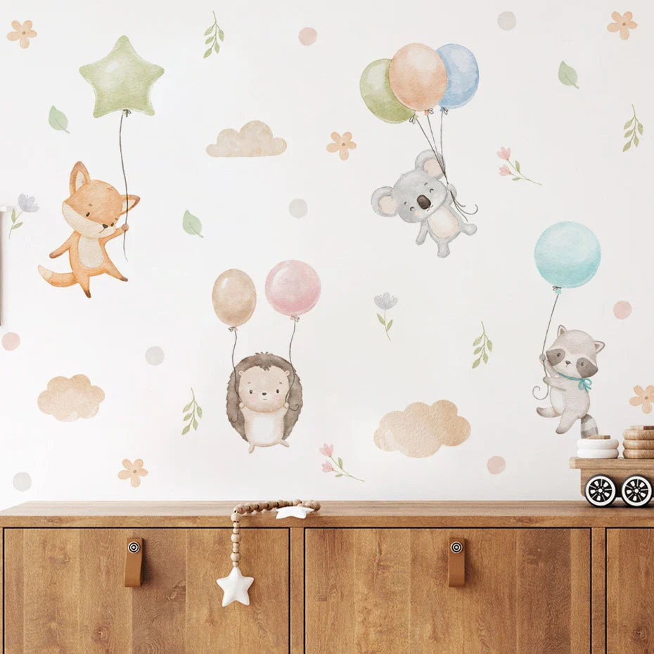 Cartoon Animal Wall Stickers: Rabbit Bear Balloon Decals for Kids Room Nursery (Online Order Only)