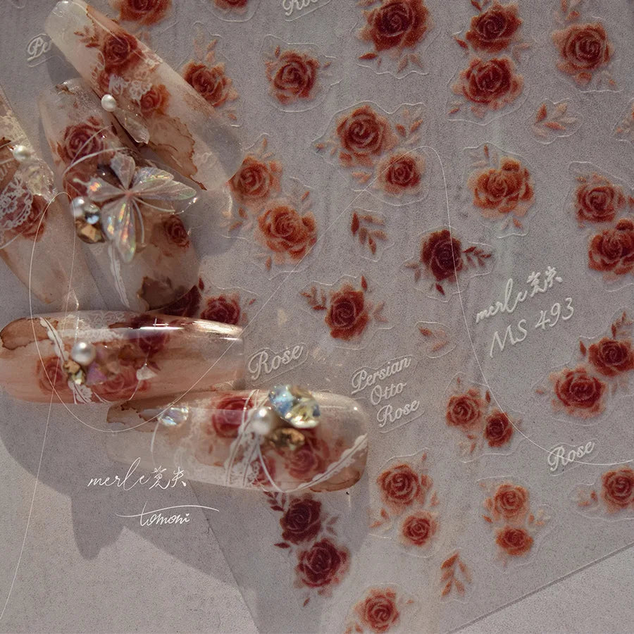 Gradient Halo Dyeing Dark Red Rose Flower Rhinestone Lace Bow Heart 3D Self Adhesive Nail Art Decoration Sticker Manicure Decals (ONLINE ORDER ONLY)