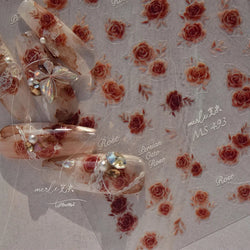 Gradient Halo Dyeing Dark Red Rose Flower Rhinestone Lace Bow Heart 3D Self Adhesive Nail Art Decoration Sticker Manicure Decals (ONLINE ORDER ONLY)