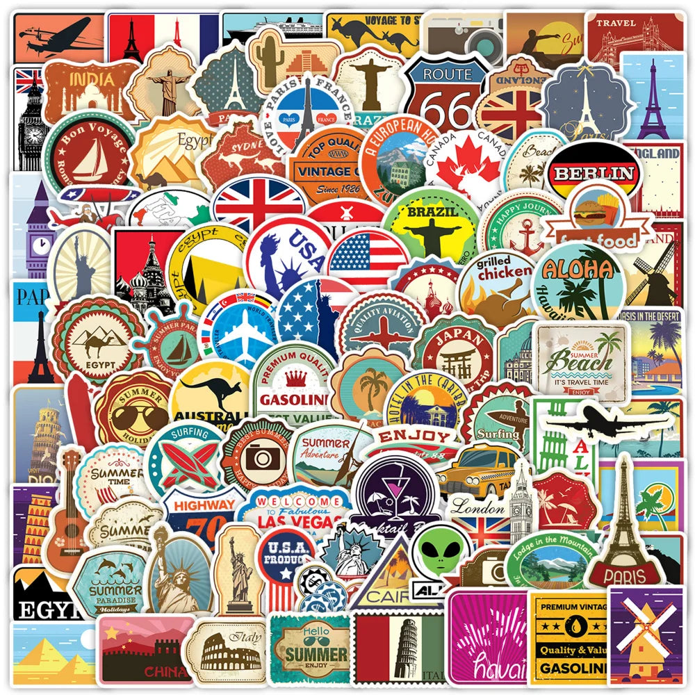World Travel Landmark Stickers: Scrapbook, Suitcase, Water Bottle, Phone, Laptop, Guitar, Skateboard, Helmet (ONLINE ORDER ONLY)