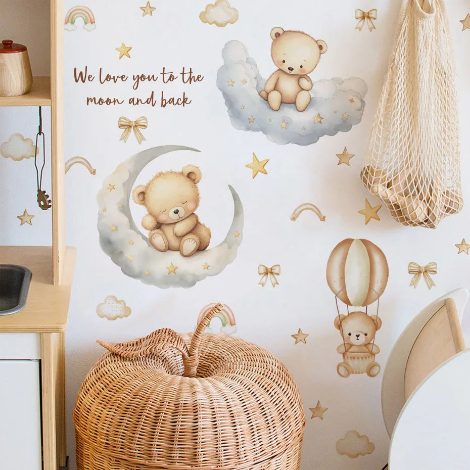 Cute Bear Clouds Moon Stars Wall Stickers Nursery Decals Bedroom (Online Order Only)