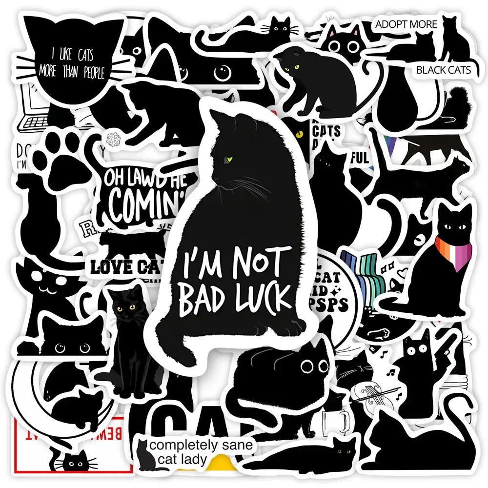 Funny Black Cat Stickers Kawaii Cool DIY Gift Decal Pack Decorative Graffiti Stickers for Phone Laptop Scrapbook Waterproof (Online Order Only)