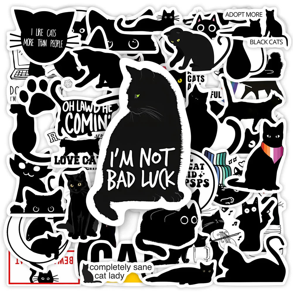 Funny Black Cat Stickers Kawaii Cool DIY Gift Decal Pack Decorative Graffiti Stickers for Phone Laptop Scrapbook Waterproof (Online Order Only)