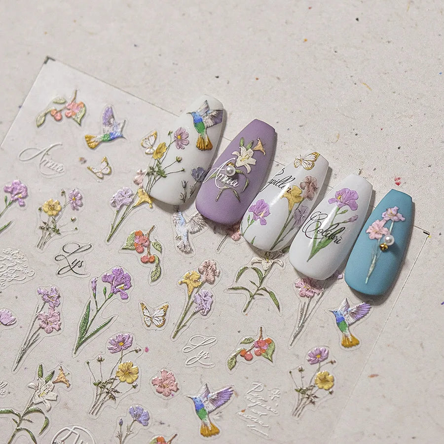 Hummingbird Iris Butterfly Peony Rose Tulip Daisy Lily Flowers Morning Glory Pearl Rhinestones Nail Art Sticker Decoration Decal (ONLINE ORDER ONLY)