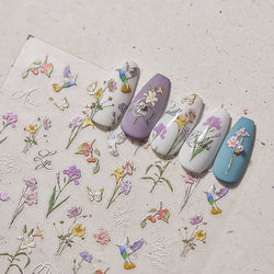 Hummingbird Iris Butterfly Peony Rose Tulip Daisy Lily Flowers Morning Glory Pearl Rhinestones Nail Art Sticker Decoration Decal (ONLINE ORDER ONLY)