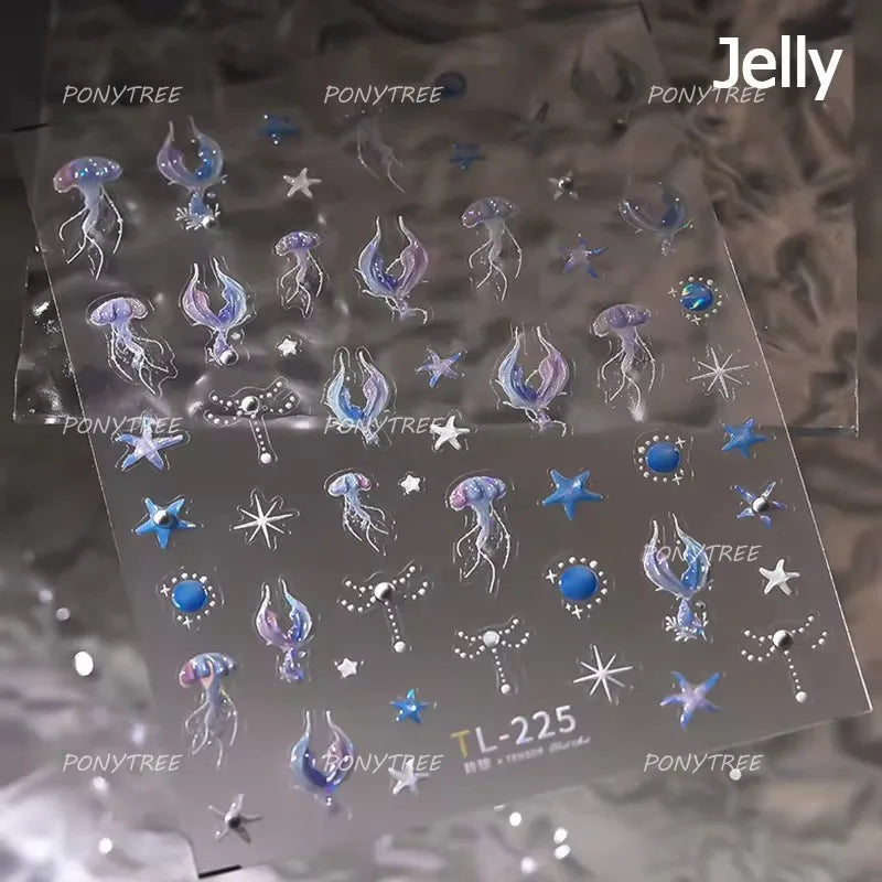 Marine Shell Starfish Ocean Elements Pearl Star Fishing Net Colourful Underwater Organisms 5D Nail Art Stickers Manicure Decals (Online Order Only)