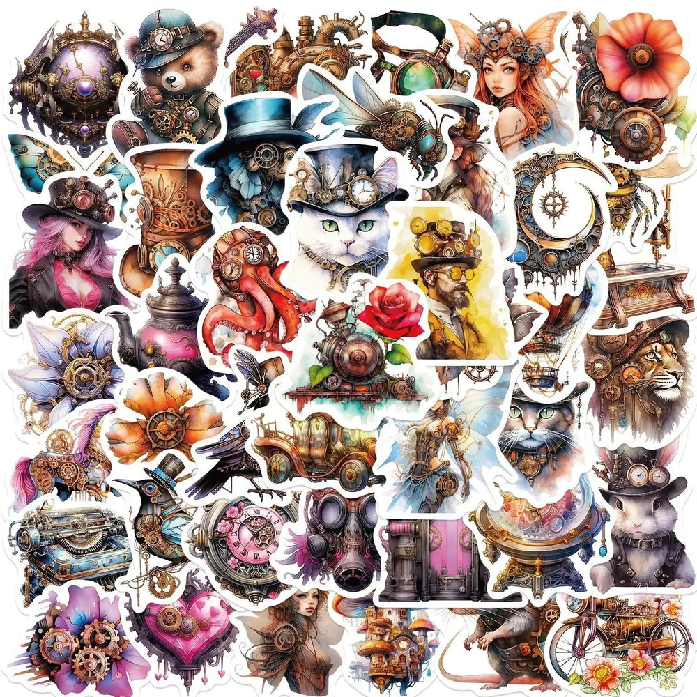 10/50PCS Vintage Steampunk Metal Cat Animal Stickers Goth Girl Decals DIY Motorcycle Luggage Phone Car Cool Waterproof Sticker (Online Order Only)