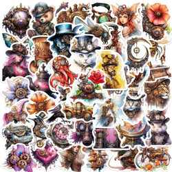 10/50PCS Vintage Steampunk Metal Cat Animal Stickers Goth Girl Decals DIY Motorcycle Luggage Phone Car Cool Waterproof Sticker (Online Order Only)