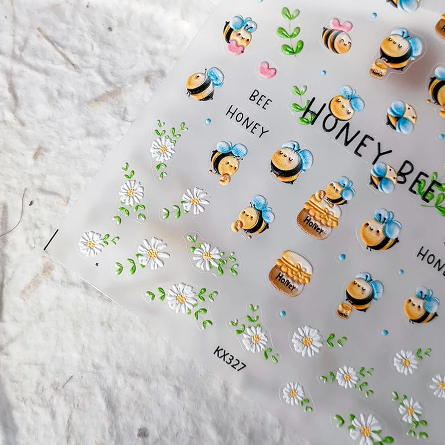 Cute Bee Honey Jar Daisy Flowers Gather Honey Pot Love Heart Green Leaves Reliefs Self Adhesive Nail Art Stickers Manicure Decal (ONLINE ORDER ONLY)