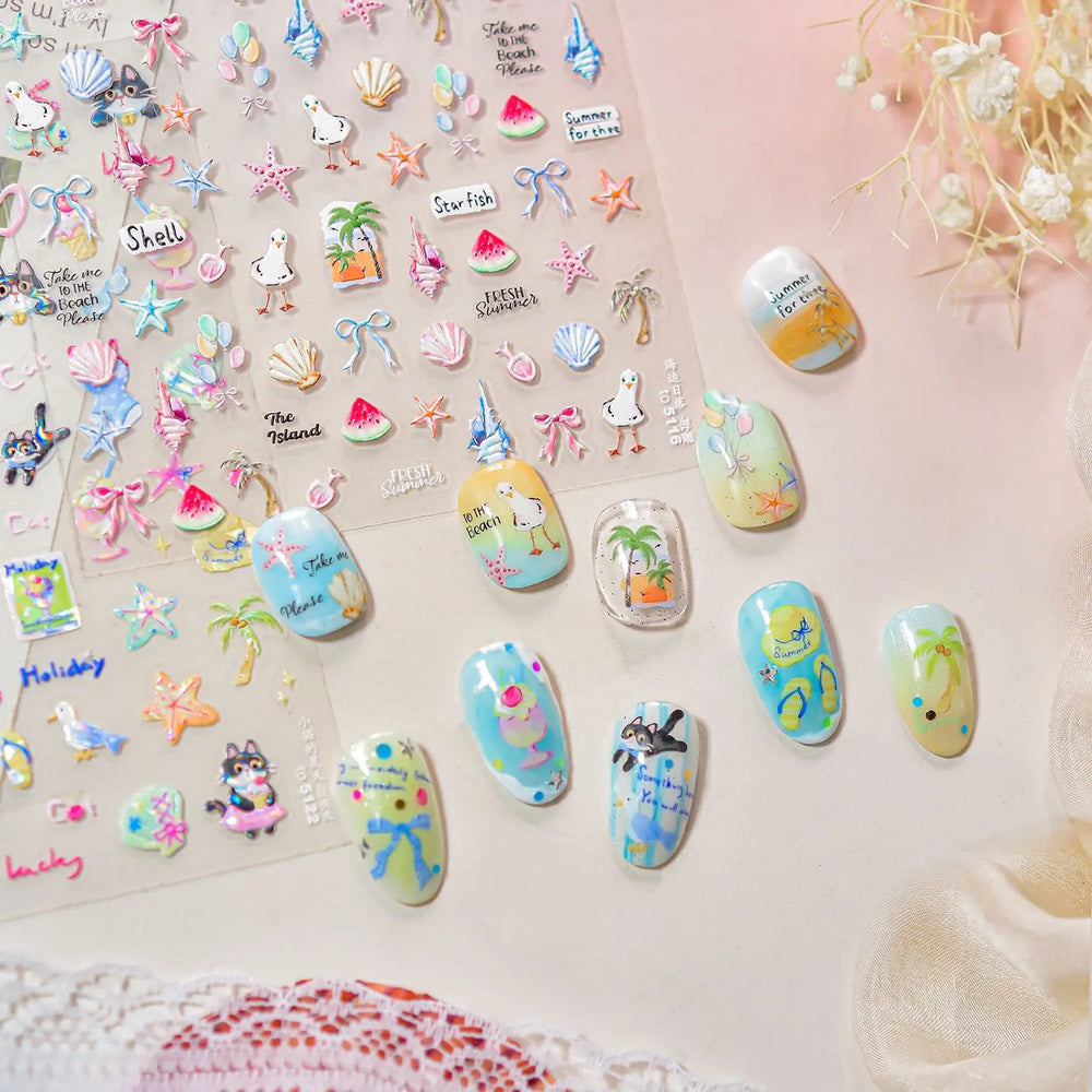 Summer Beach Bikini Watermelon Duck Cat Ice Cream Shell Coconut Tree Cherry Starfish Sunglasses Nail Art Sticker Manicure Decals (ONLINE ORDER ONLY)