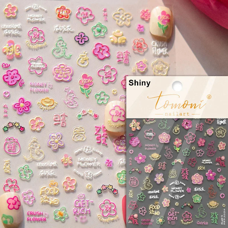 Auspicious Peach Blossom Snake Fan Flower The Spring Festival Tiger Head Adhesive Nail Art Stickers Red Lantern Manicure Decals (Online Order Only)