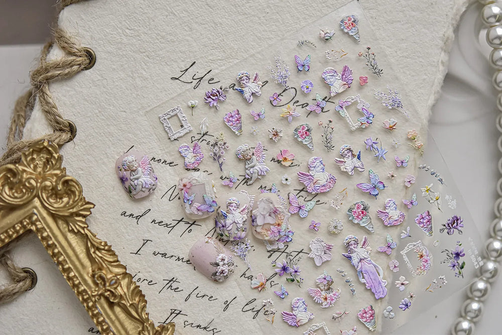 European Garden Angel Wing White Rose Flower Bed Vase Lace Bowknot Statue Adhesive Nail Art Decoration Sticker Manicure Decals (ONLINE ORDER ONLY)