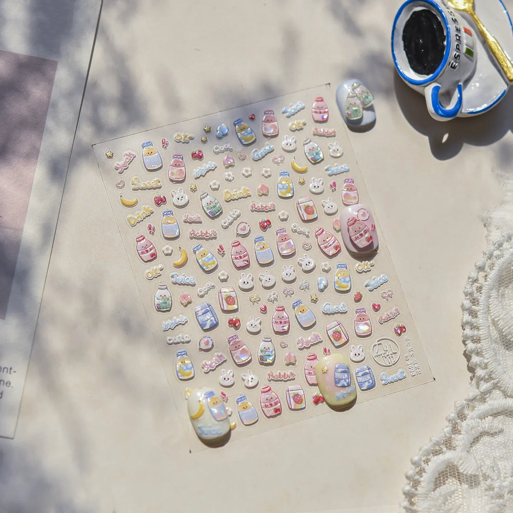 Cute Bowknot Rabbit Fruit Juice Beverage Drink Strawberry Peach Banana Adhesive Nail Art Decoration Stickers Manicure Decals (ONLINE ORDER ONLY)