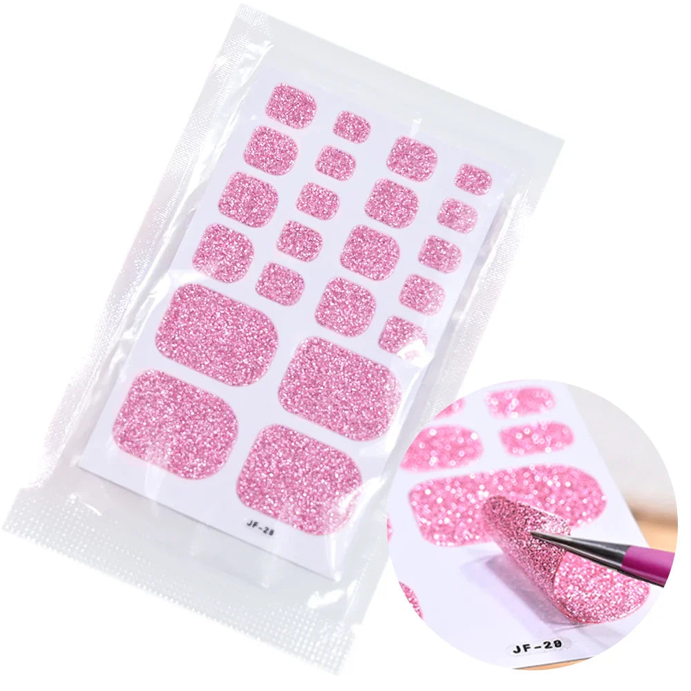 22Tips Pink Red Glitter Design Baking-free Toenail Stickers Solid Color Adhesive Full Cover Toe Nail Strip Slider Manicure Decal (ONLINE ORDER ONLY)