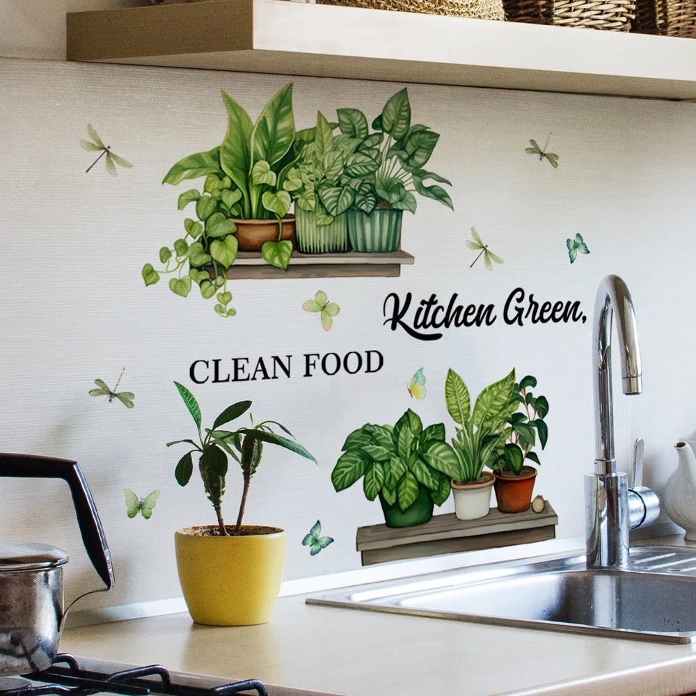 1PCS Green Plant Potted Plant Wall Decor Stickers for Living Room Kitchen Background wall Home Decoration Decal PVC Vinyl Poster (Online Order Only)