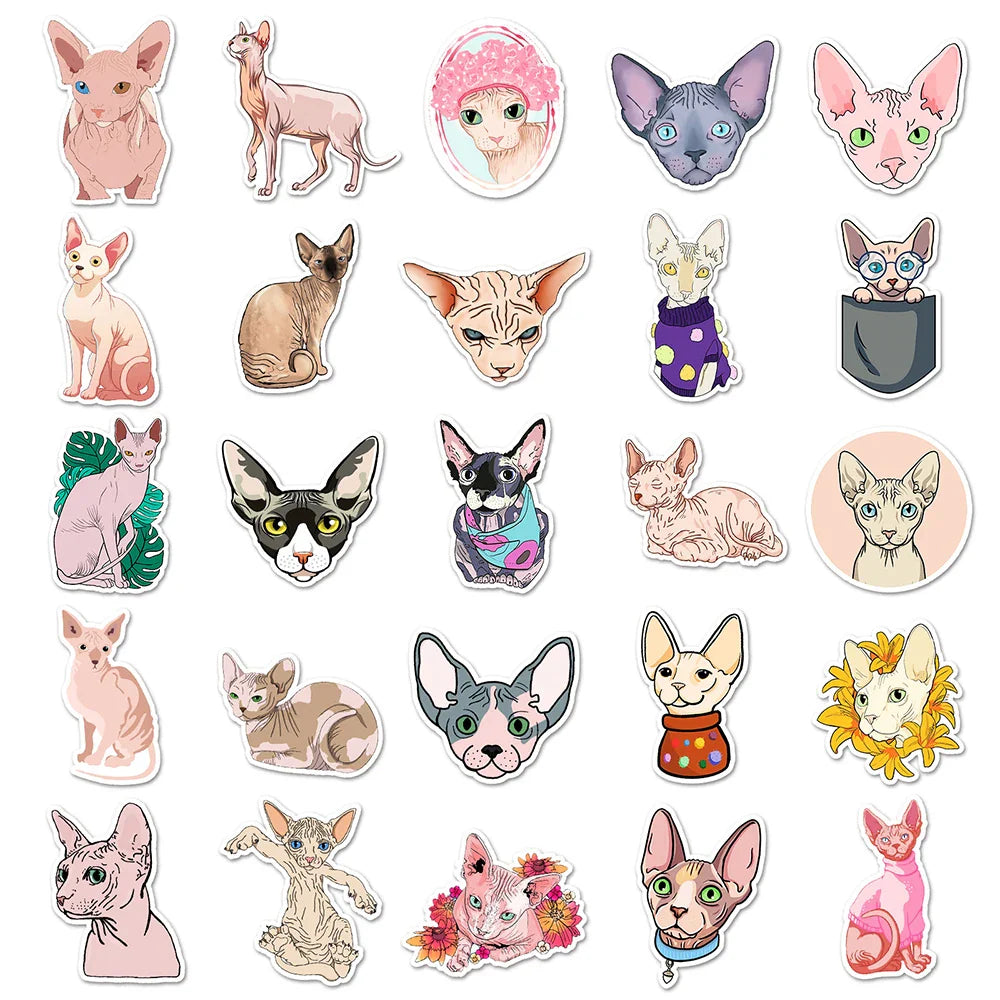 10/30/50PCS Sphynx Cats Stickers Cute Animal Decals Toys DIY Skateboard Phone Fridge Laptop Bike Car PVC Waterproof Sticker Gift (ONLINE ORDER ONLY)