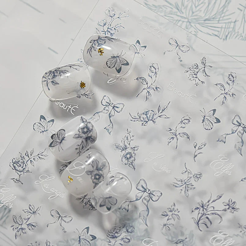 Brown Blue White Hand Drawn Sketch Plants Leaves Bowknot Butterfly Flowers Adhesive Nail Art Decoration Stickers Manicure Decals (Online Order Only)