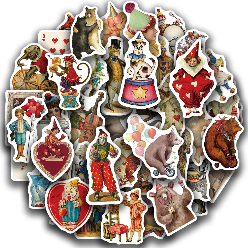 50PCS Vintage Circus Stickers Acrobatics Clown Retro Art Funny Aesthetic Graffiti Decals Scrapbook Laptop Bottle Sticker Gift (ONLINE ORDER ONLY)