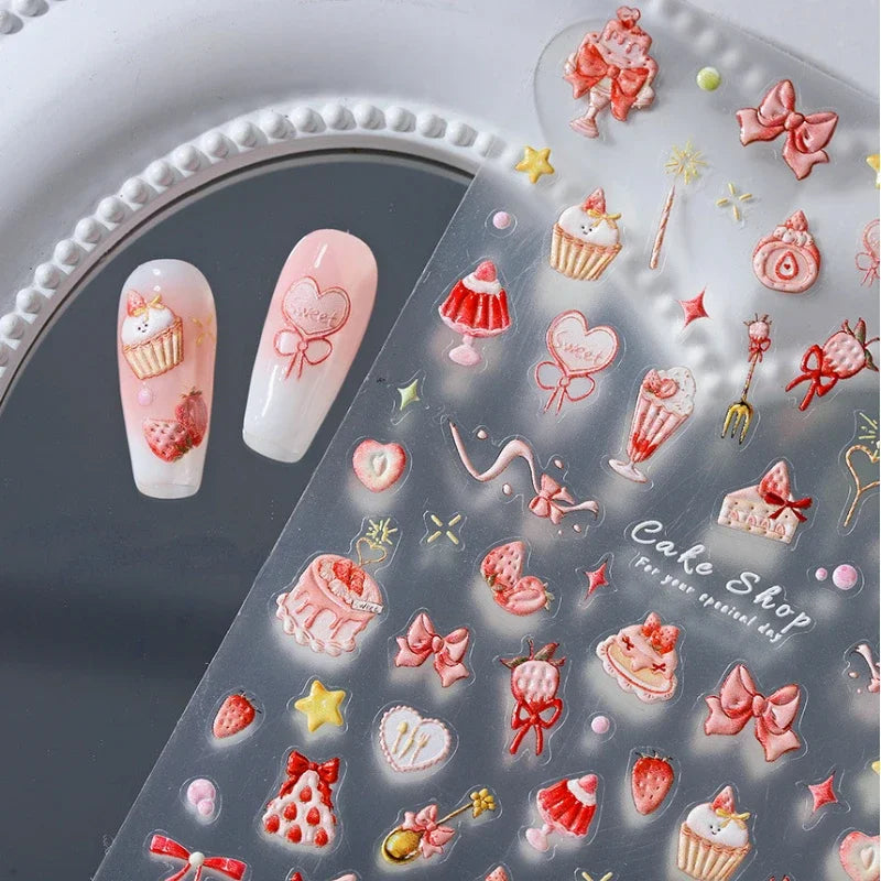 Chic Cute Cheese Ice Cream Pudding Bowknot Strawberry Muffin Stars Cake Embossed Heart Adhesive Nail Art Sticker Manicure Decals (ONLINE ORDER ONLY)
