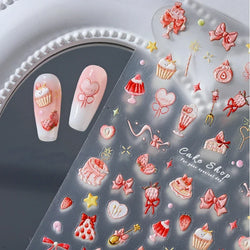 Chic Cute Cheese Ice Cream Pudding Bowknot Strawberry Muffin Stars Cake Embossed Heart Adhesive Nail Art Sticker Manicure Decals (ONLINE ORDER ONLY)