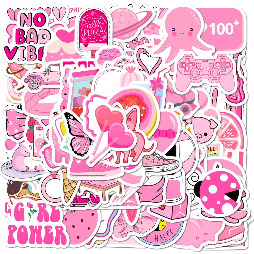 100PCS Pink Girls Cute Cartoon Graffiti Stickers DIY Phone Guitar Laptop Notebook Suitcase Cup Waterproof Sticker Kids Toy (Online Order Only)