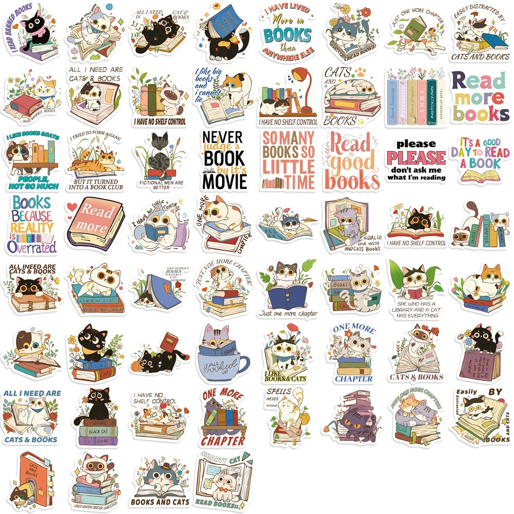 60Pcs Cat and Book with Motivational Phrase Sticker Pack DIY Scrapbook Decorative Stickers For Water Bottle Car Cup Computer (Online Order Only)