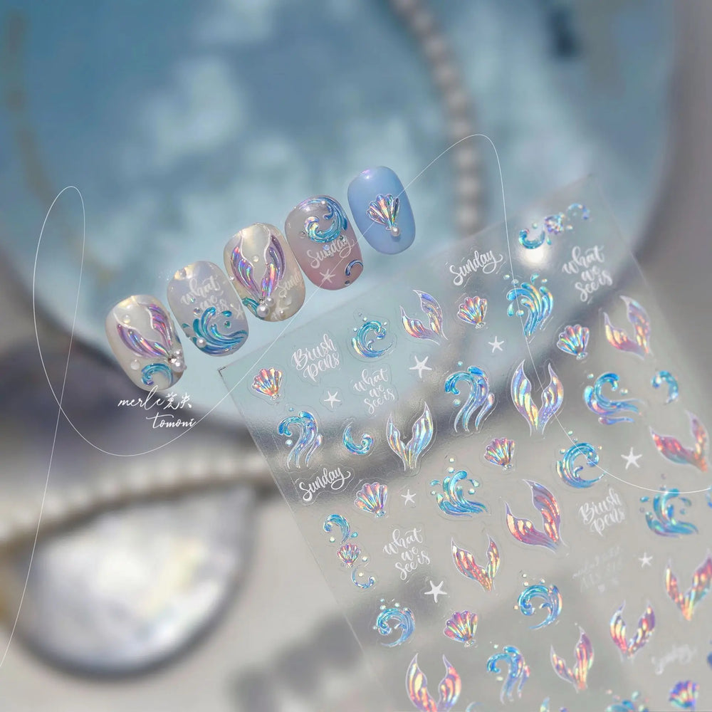 Shiny Mermaid Tail Fish Tail Sea Wave Jelly Spoondrift Shell Starfish Ocean Romantic Delicate Nail Art Stickers Manicure Decals (ONLINE ORDER ONLY)