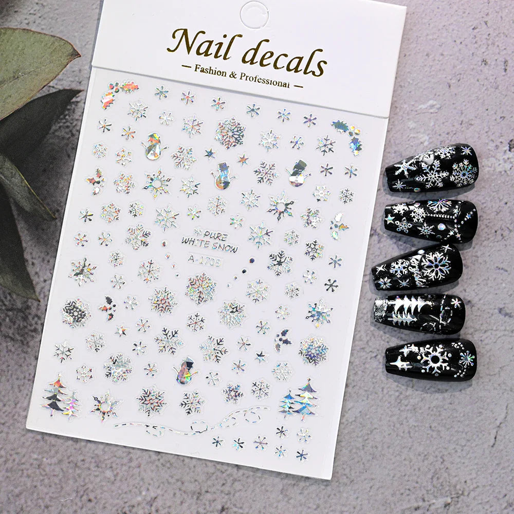 3D Gold Glitter Snowflake Nail Sticker Winter Reflective Elk Star Balloon Christmas Tree Foil Xmas New Year Decal Tips Decoratio (ONLINE ORDER ONLY)