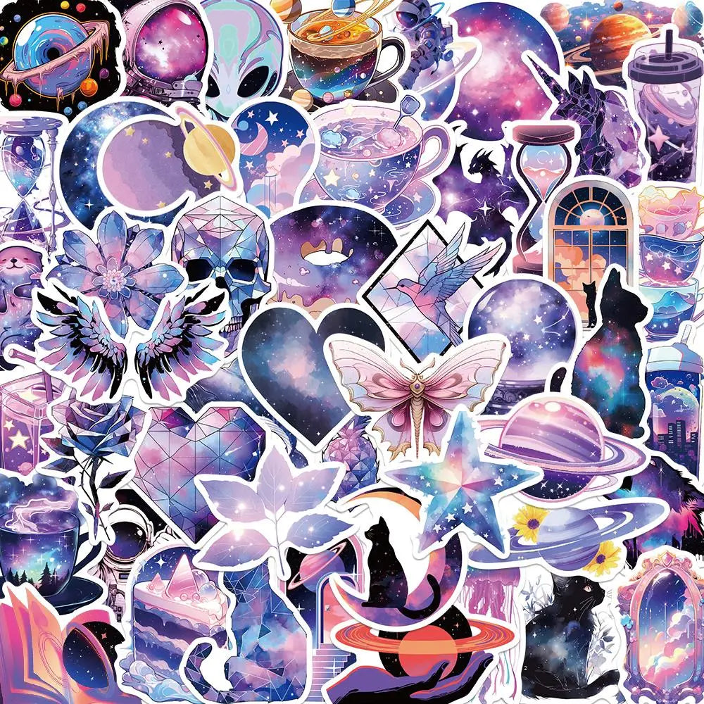 Purple Galaxy Graffiti Stickers for Water Cup, Phone Case, Luggage, Guitar, Clipbook - 10/25/50PCS (Online Order Only)