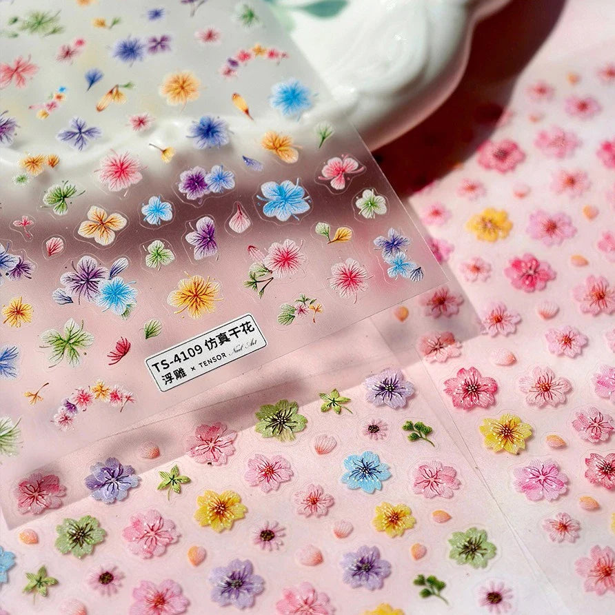 Colorful Dried Flowers Wreath Floral Plant Petal Bud Garden Charming 5D Reliefs Self Adhesive Nail Art Stickers Manicure Decals (Online Order Only)