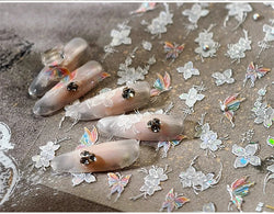 White Flower Colourful Butterfly Pearl Petal Beautiful Garden Charming Plant 5D Self Adhesive Nail Art Stickers Manicure Decals (ONLINE ORDER ONLY)