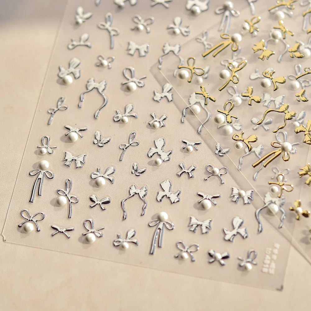 Simple Line Bowknot Red Gold Silver Laser Pink Hot Stamping 3D Self Adhesive Nail Art Stickers Pearl Rhinestone Manicure Decals (ONLINE ORDER ONLY)