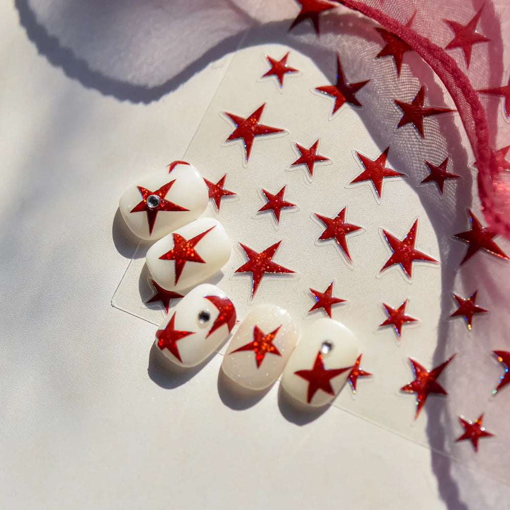 Irregular Stars Red Silver Five-pointed Star Meteor Shiny 5D Self Adhesive Nail Art Stickers Romantic Rhinestone Manicure Decals (ONLINE ORDER ONLY)